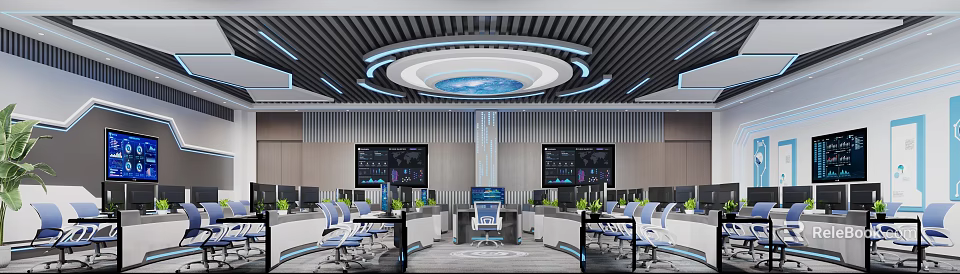 Modern Lecture Hall Interior With Digital Screens Comfortable Seats And Ceiling Lights 3d model