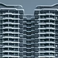 Modern High Rise Residential Building Exterior With Balconies Surrounding Trees And Water Reflection