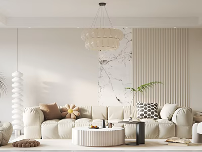 Modern Living Dining Area With Beige Sofa Round Coffee Table And Chic Decor 3d model