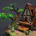Cartoon Treehouse Scene With Wooden Structure Big Trees Stone Stairs And Green Plants