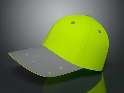 Neon Yellow Baseball Cap With Reflective Stars On Gray Brim And Smooth Surface Design 3d model