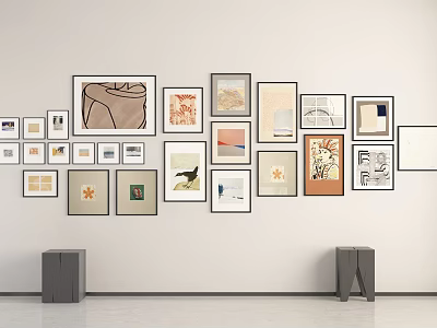 Stylish Photo Wall With Various Frames Different Sizes Artworks And Gray Bases On White Wall 3d model
