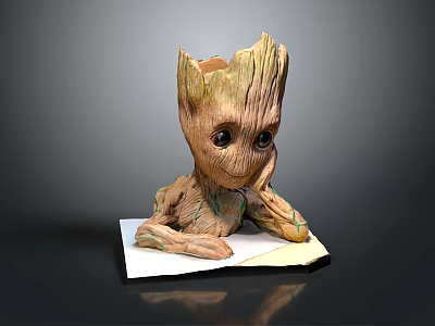Baby Groot 3D Model With Wooden Texture Leaning On Base And Smiling Expression 3d model