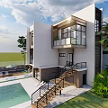 Modern Detached Villa With Large Windows Balcony Swimming Pool And Outdoor Greenery