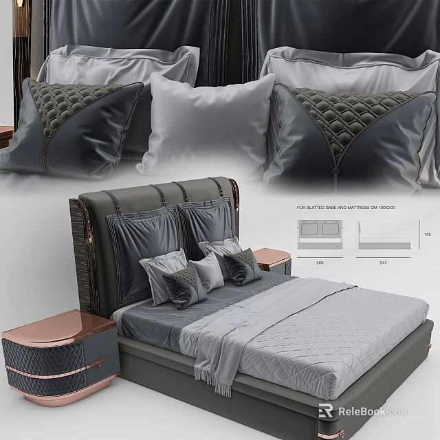 Modern Elegant Double Bed With Stylish Headboard Decorative Pillows And Gray Bedding 3d model 