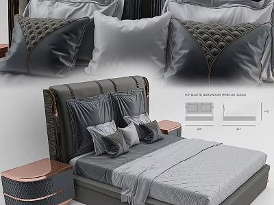 Modern Elegant Double Bed With Stylish Headboard Decorative Pillows And Gray Bedding 3d model