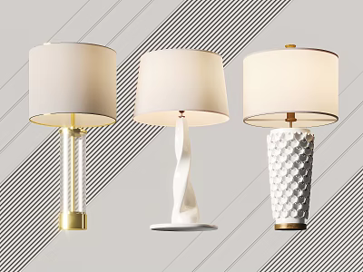 Three Modern Table Lamps With Glass Twisted And Textured Bases And White Fabric Shades 3d model