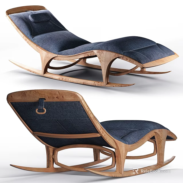 Modern Wooden Frame Sofa Bench With Blue Fabric Cushion And Curved Design 3d model 