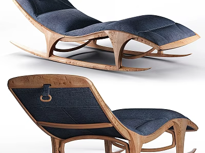 Modern Wooden Frame Sofa Bench With Blue Fabric Cushion And Curved Design 3d model