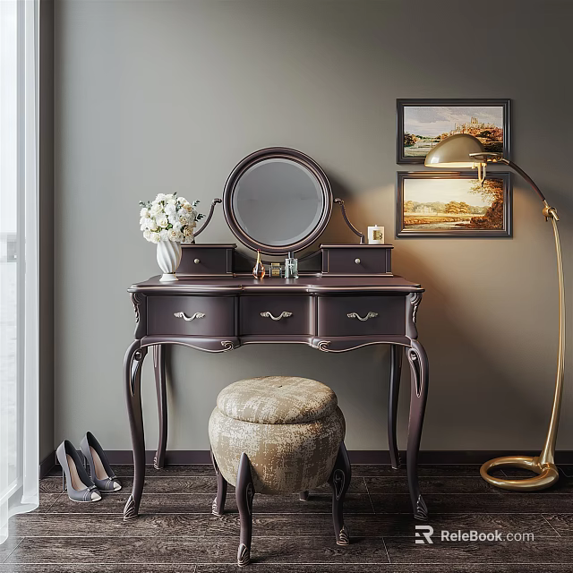 Elegant Dark Brown Dressing Table With Round Mirror Upholstered Stool And Gold Floor Lamp 3d model 