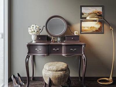 Elegant Dark Brown Dressing Table With Round Mirror Upholstered Stool And Gold Floor Lamp 3d model
