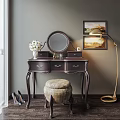 Elegant Dark Brown Dressing Table With Round Mirror Upholstered Stool And Gold Floor Lamp