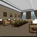 Elegant Hotel Public Lounge With Comfortable Sofas Wooden Coffee Tables Green Plants And Decorative Paintings