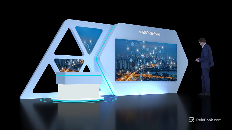 Modern Hexagonal Background Wall With Digital Screen Showing Global Customer Network And City Night View 3d model 