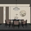 Modern Restaurant Interior With Round Dining Table Chandelier Decorative Painting Windows And Area Rug