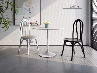 Modern White Round Dining Table Set with Black White Chairs Green Plant and Wall Art 3d model