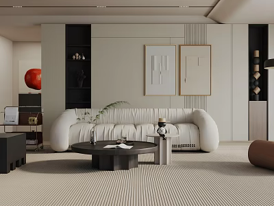 Modern Living Room Interior With White Curved Sofa And Black Round Coffee Table 3d model