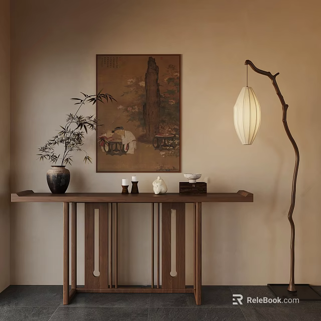 Chinese Style Console Table With Traditional Painting Bamboo Plant Vase Decor Items And Floor Lamp 3d model 