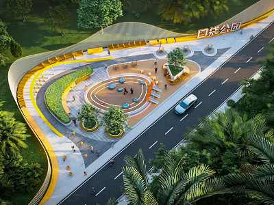 Natural Park Landscape Design With Open Square Seating And Green Trees 3d model