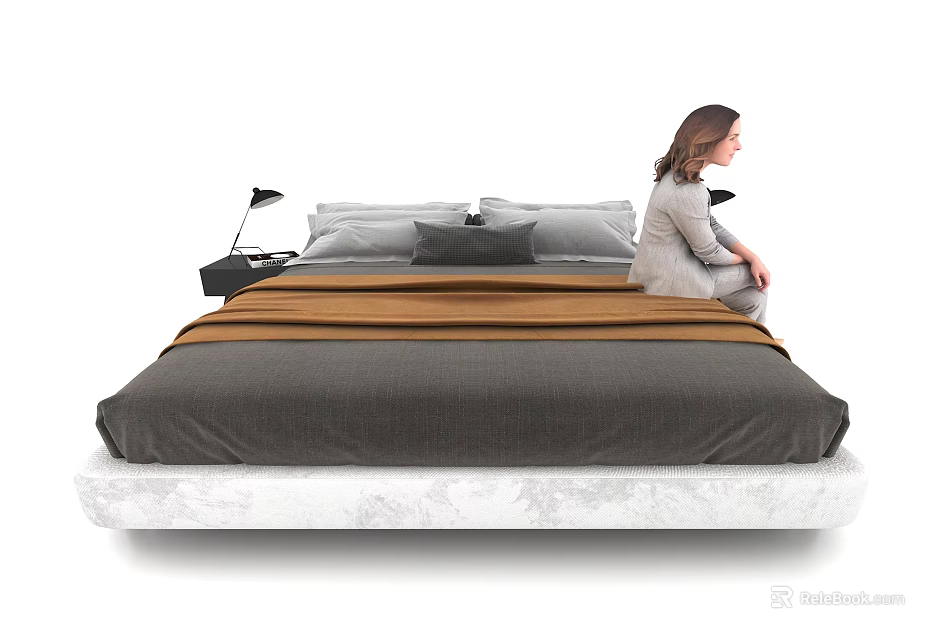 Modern Double Bed With Gray Brown Bedding Bedside Table Table Lamp And Woman Sitting Beside 3d model 