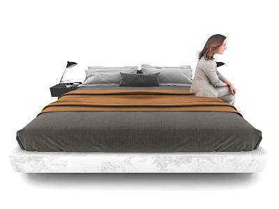 Modern Double Bed With Gray Brown Bedding Bedside Table Table Lamp And Woman Sitting Beside 3d model