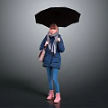 Woman in Blue Coat With Scarf Holding Black Umbrella and Pink Boots on Gray Background