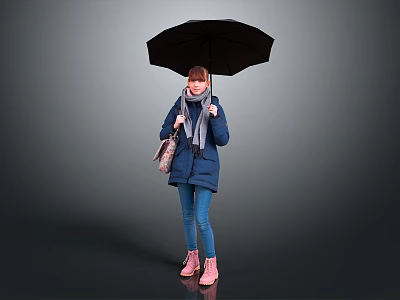 Woman in Blue Coat With Scarf Holding Black Umbrella and Pink Boots on Gray Background 3d model