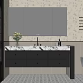 Bathroom Interior Design With Black Vanity Marble Countertop Mirror And Floral Wallpaper