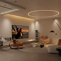 Modern Living Room Design With Large Screen TV Curved Sofa Marble Countertop And Circular Light