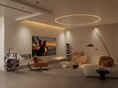 Modern Living Room Design With Large Screen TV Curved Sofa Marble Countertop And Circular Light 3d model