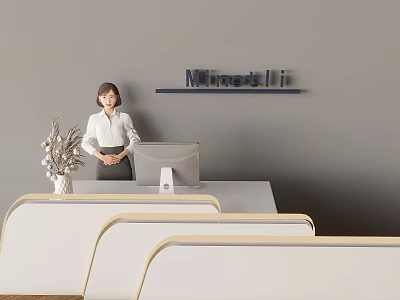 Professional Office Reception Area With Female Receptionist White Desk Minetti Sign Vase And Computer Monitor 3d model
