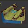 Futuristic Yellow And Blue Spaceship Exterior With Aerodynamic Design For Cosmic Exploration