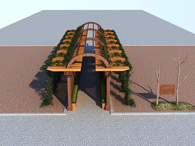 Wooden Pergola With Arched Top And Green Vines Over Brick Paved Path 3d model
