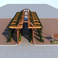 Wooden Pergola With Arched Top And Green Vines Over Brick Paved Path