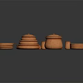 Brown Pottery Jars Plates With Lids Stacked Arranged On Black Background 3d model