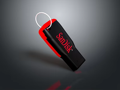 SanDisk USB Flash Drive with Black Red Design and Key Ring Storage Device 3d model