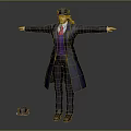Human Character In Dark Blue Coat Purple Vest Red Tie Arms Outstretched With Small Hat Nearby