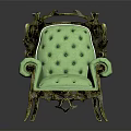 Vintage Green Chair With Ornate Wooden Frame Tufted Upholstery And Armrests