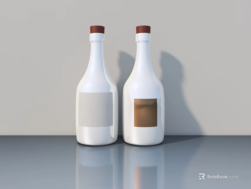 Two White Wine Bottles With Red Caps And Labels On Gray Reflective Surface 3d model 