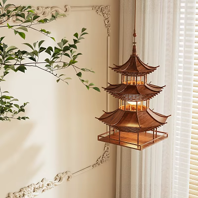 Traditional Multi tiered Pagoda Style Wooden Chandelier With Green Plants And Louvered Window 3d model