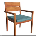 Wooden Leisure Chair With Armrests Slatted Backrest And Blue Cushioned Seat