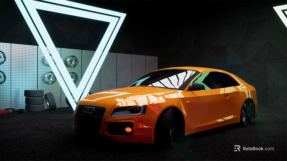 Orange Audi Sports Car Displayed With Neon Triangle Light In Background 3d model 
