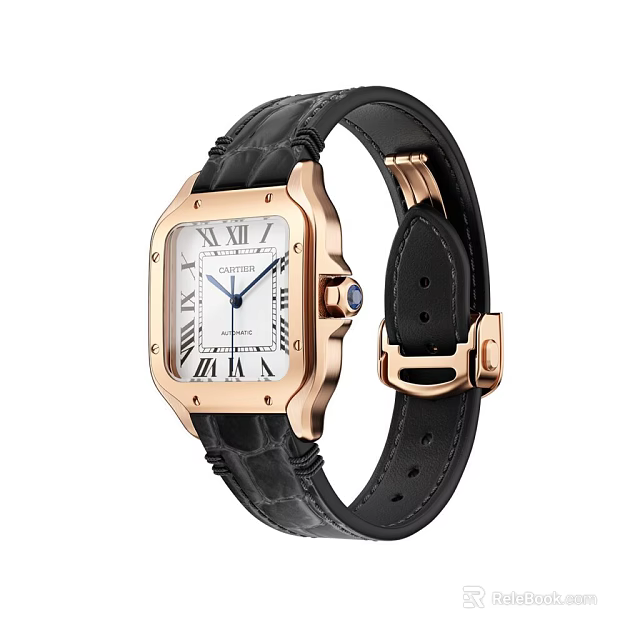 Luxury Rose Gold Square Dial Watch With Black Crocodile Leather Strap And Roman Numerals 3d model 