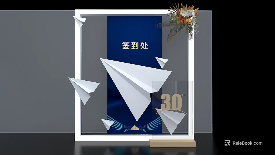 Sign In Area Decoration With Paper Airplanes 30th Anniversary Blue Background And Flower Bouquet 3d model 