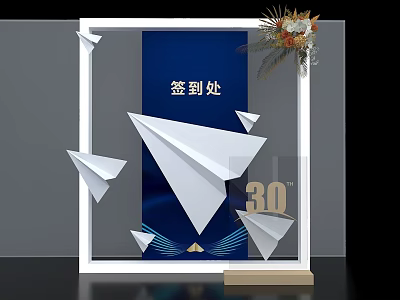 Sign In Area Decoration With Paper Airplanes 30th Anniversary Blue Background And Flower Bouquet 3d model