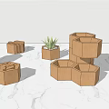 Bonsai Potted Plants In Multiple Hexagonal Design Containers On Marble Surface