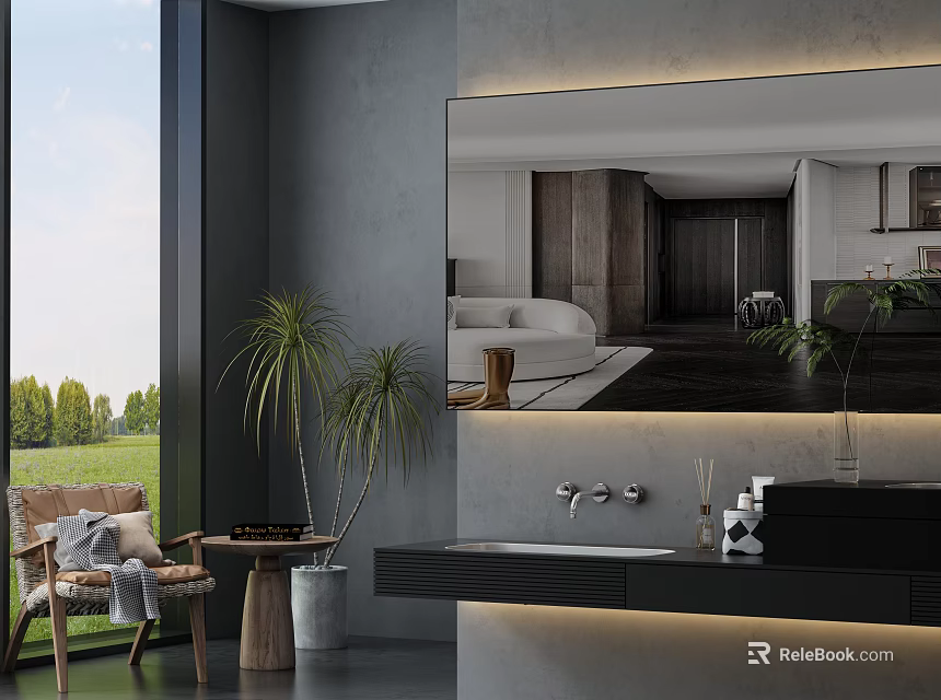 Modern Bathroom Washbasin With Large Mirror Gray Wall Potted Plants And Green Outdoor View 3d model 