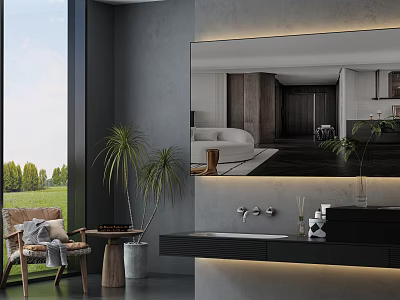 Modern Bathroom Washbasin With Large Mirror Gray Wall Potted Plants And Green Outdoor View 3d model