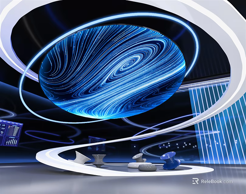 Futuristic Interior With Blue Holographic Sphere And Circular Rings Lighting Design 3d model 