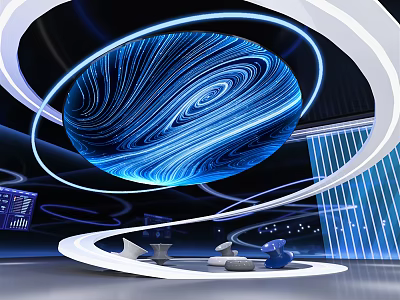 Futuristic Interior With Blue Holographic Sphere And Circular Rings Lighting Design 3d model